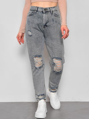 Сірі прямі джинси з потертостями | 6808901
