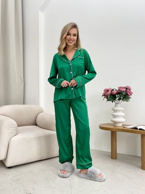 Шовкова зелена піжама: сорочка та штани | 6809778
