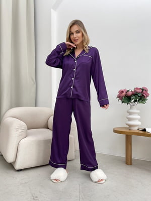 Шовкова фіолетова піжама: сорочка та штани | 6809779