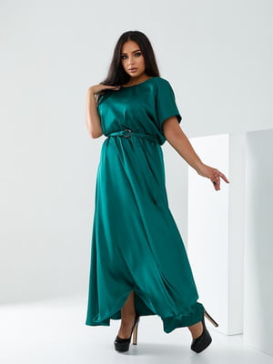 Зелена сукня-максі з атласного шовку з поясом  | 6809878