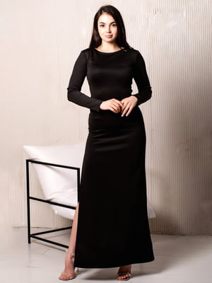 Чорна довга сукня з розрізом і довгими рукавами | 6810020