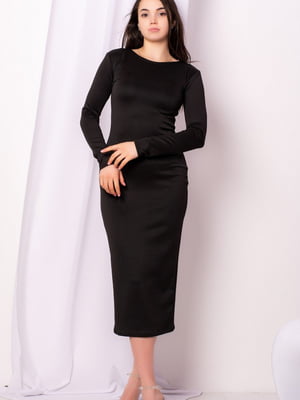 Чорна трикотажна сукня- футляр по коліно з довгими рукавами  | 6810130