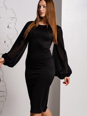 Чорна облягаюча сукня з широкими шифоновими рукавами-ліхтариками | 6810145