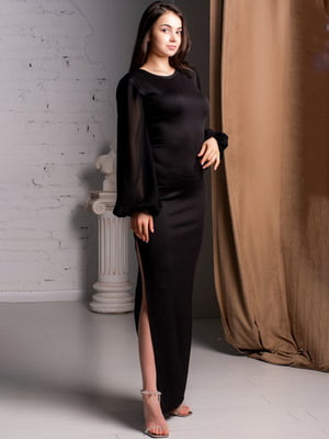 Чорна максі-сукня з шифоновими рукавами-ліхтариками і розрізом збоку | 6810147