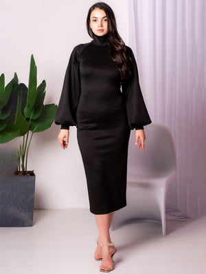 Облягаюча чорна сукня-міді з широкими рукавами | 6810158