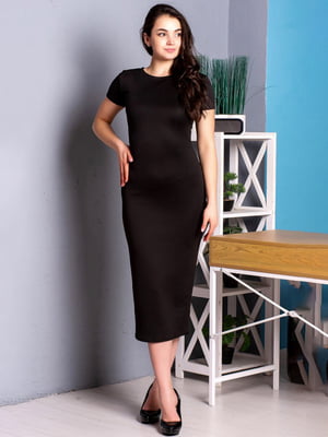 Чорна трикотажна сукня-міді з короткими рукавами | 6810166
