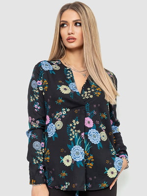 Черная блуза в цветочный принт с длинным рукавом | 6810253