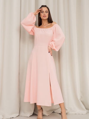 Рожева приталена сукня з довгими рукавами-ліхтариками та гумкою на відкритій горловині | 6810652