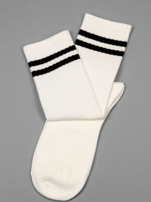 Білі високі шкарпетки зі смужками на манжетах | 6810679