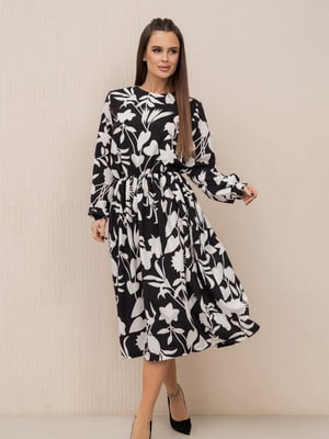 Повсякденна сукня із принтованого чорно-білого софту з гумкою на талії | 6810785