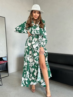 Довга сукня із зелено-білого софту з квітковим великим принтом | 6810786