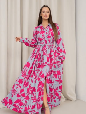 Сіро-рожева максі сукня із софту з квітковим великим принтом | 6810787
