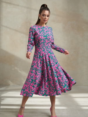 Зелено-рожева приталена сукня з квітковим принтом | 6810876