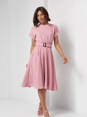 Рожева однотонна сукня міді довжини | 6810989
