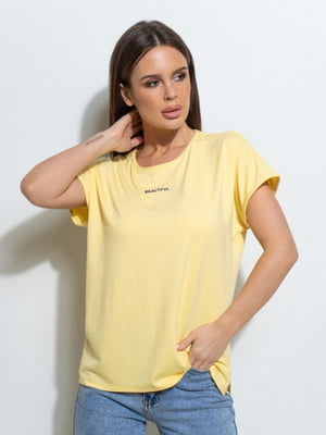 Жовта вільна футболка-кімоно з написом | 6811009