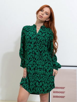 Вільна сукня-сорочка з принтованого зеленого штапелю | 6811028