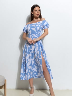 Блакитна принтована ретро сукня з розрізом | 6811033