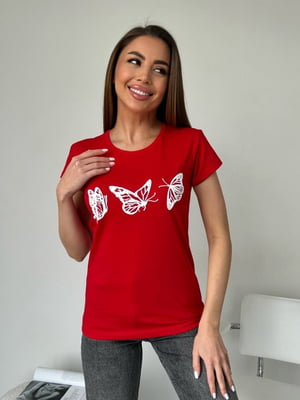 Червона бавовняна футболка з метеликами | 6811062