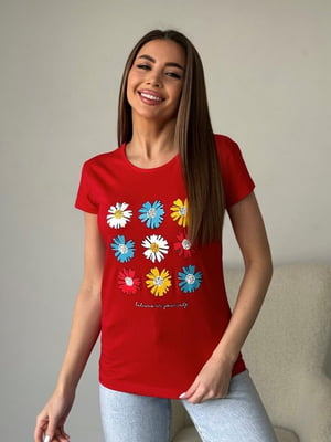 Червона бавовняна футболка з кольоровим квітковим малюнком | 6811067