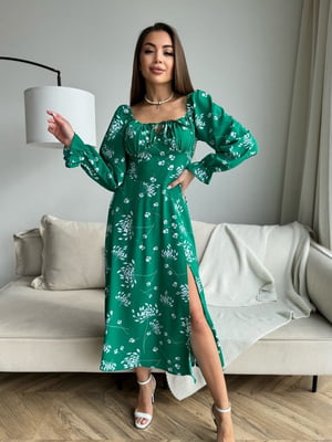 Зелена квіткова сукня з розрізом | 6811142