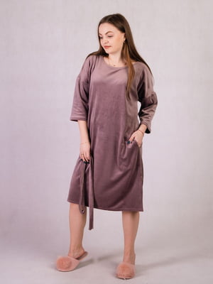 Бежева велюрова сукня А-силуету з поясом | 6811248