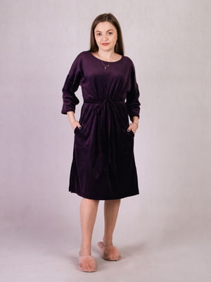 Сукня для вагітних велюрова з поясом баклажанного кольору | 6811249