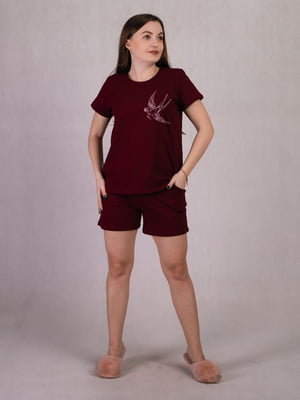 Бордова піжама: футболка і шорти | 6811253