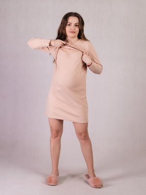 Бежева сукня для вагітних з довгим рукавом і секретом для годування | 6811259