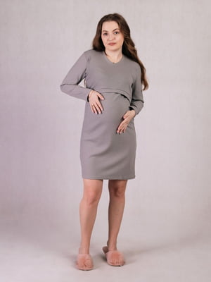 Сіра сукня для вагітних з довгим рукавом і секретом для годування | 6811261