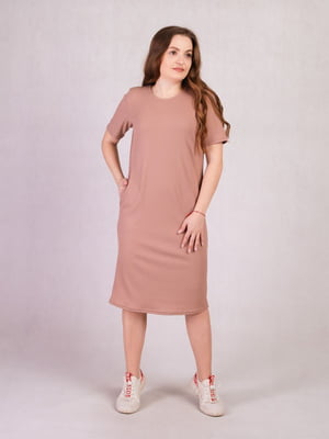 Бежева сукня в рубчик для вагітних з коротким рукавом  | 6811267