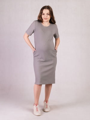 Сіра сукня в рубчик для вагітних з коротким рукавом | 6811273