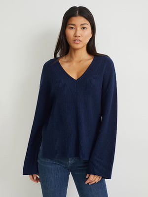 Темно-синій вільний пуловер із розрізами з боків | 6811740