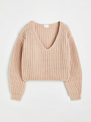 Короткий пудровый пуловер в рубчик с широкими рукавам | 6811999