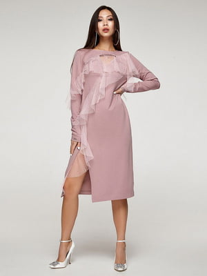 Сукня трикотажна рожева з воланами з сітки | 6764853