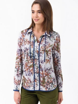 Блуза ніжного квіткового забарвлення з синьою окантовкою | 6764968