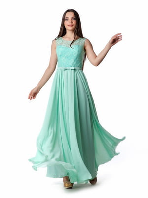 Вечірня дизайнерська сукня бірюзового кольору з пишною спідницею | 6765090