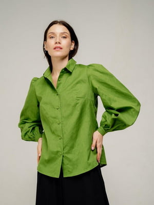 Зелена блузка прямого крою з об'ємними рукавами | 6765496