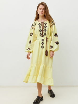 Сукня ярусна з вишивкою лляна жовта | 6765641