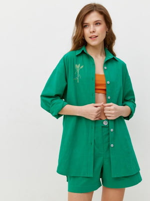 Костюм зі сорочки і шортів лляний зелений  | 6765660