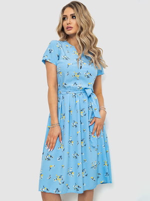 Світло-блакитна сукня А-силуету з квітковим принтом та поясом | 6812557