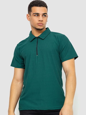 Темно-зеленая хлопковая футболка-поло на молнии | 6812562