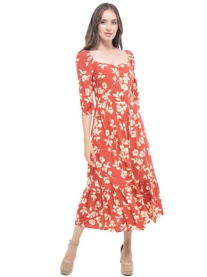 Штапельна сукня А-силуету довжини міді цегляного кольору  | 6766108