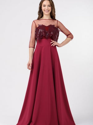 Вечірня сукня вишневого кольору з прозорою кокеткою-сіткою | 6766228