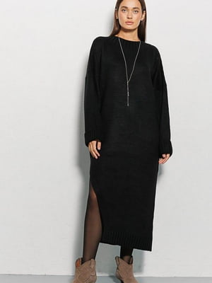 Сукня-міді А-силуету чорна в'язана з високим розрізом збоку  | 6802452