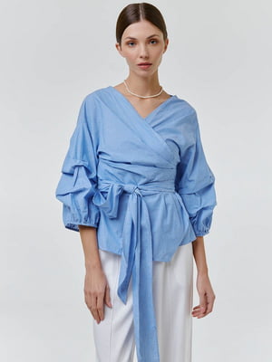 Блакитна ошатна блуза в смужку з рукавом-ліхтариком | 6802457