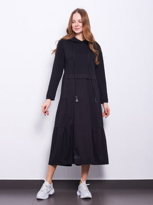 Чорна дизайнерська сукня А-силуету з довгим рукавом | 6802459