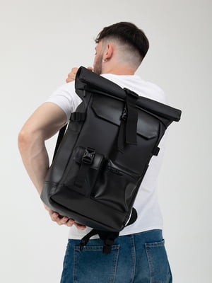 Чорний рюкзак з екошкіри з конструкцією Rolltop | 6812144
