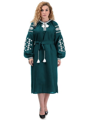 Сукня-вишиванка льон "Івана-Купала" пляшково-зеленого кольору | 6394087