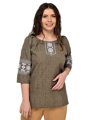 Оливкова блуза-вишиванка "Пані" з рукавом 3/4 | 6812943