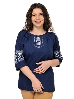 Темно-синя блуза-вишиванка "Пані" з рукавом 3/4 | 6812947